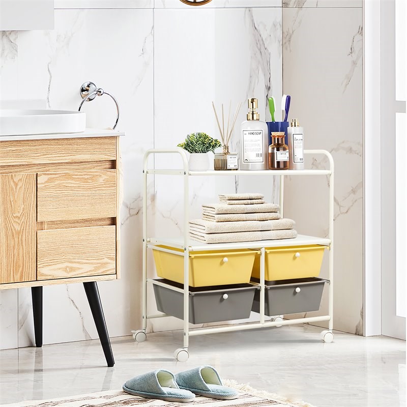 Pemberly Row 4-drawer Steel Rolling Storage Cart with 2 Shelves in Yellow & Gray