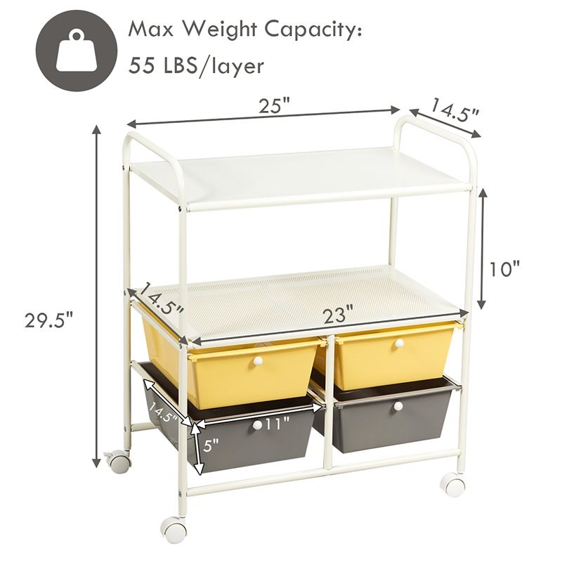 Pemberly Row 4-drawer Steel Rolling Storage Cart with 2 Shelves in Yellow & Gray