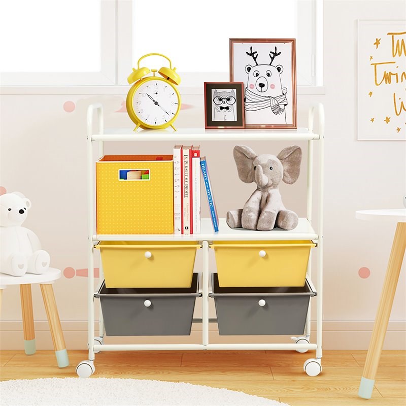 Pemberly Row 4-drawer Steel Rolling Storage Cart with 2 Shelves in Yellow & Gray