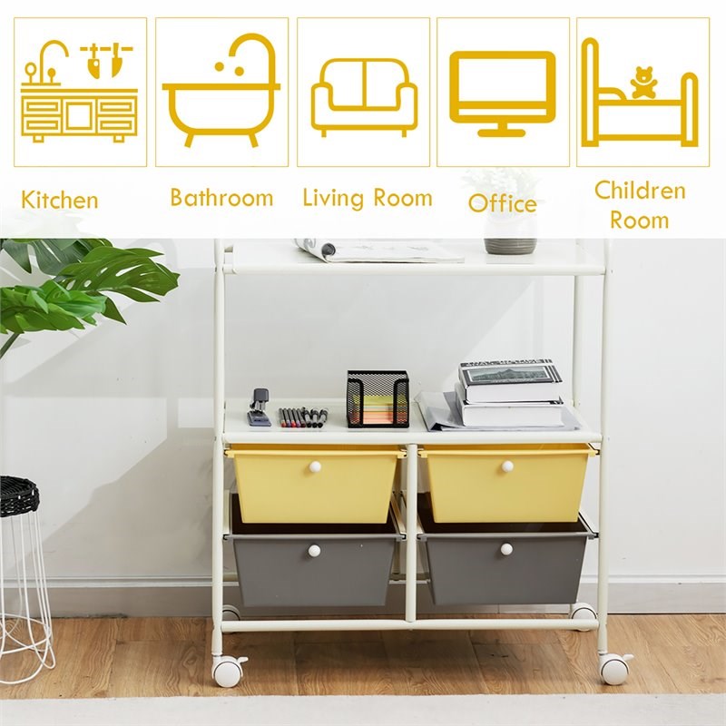 Pemberly Row 4-drawer Steel Rolling Storage Cart with 2 Shelves in Yellow & Gray