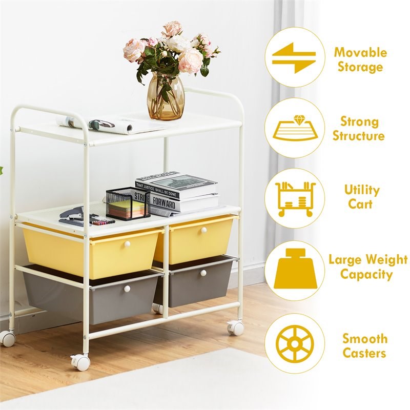 Pemberly Row 4-drawer Steel Rolling Storage Cart with 2 Shelves in Yellow & Gray
