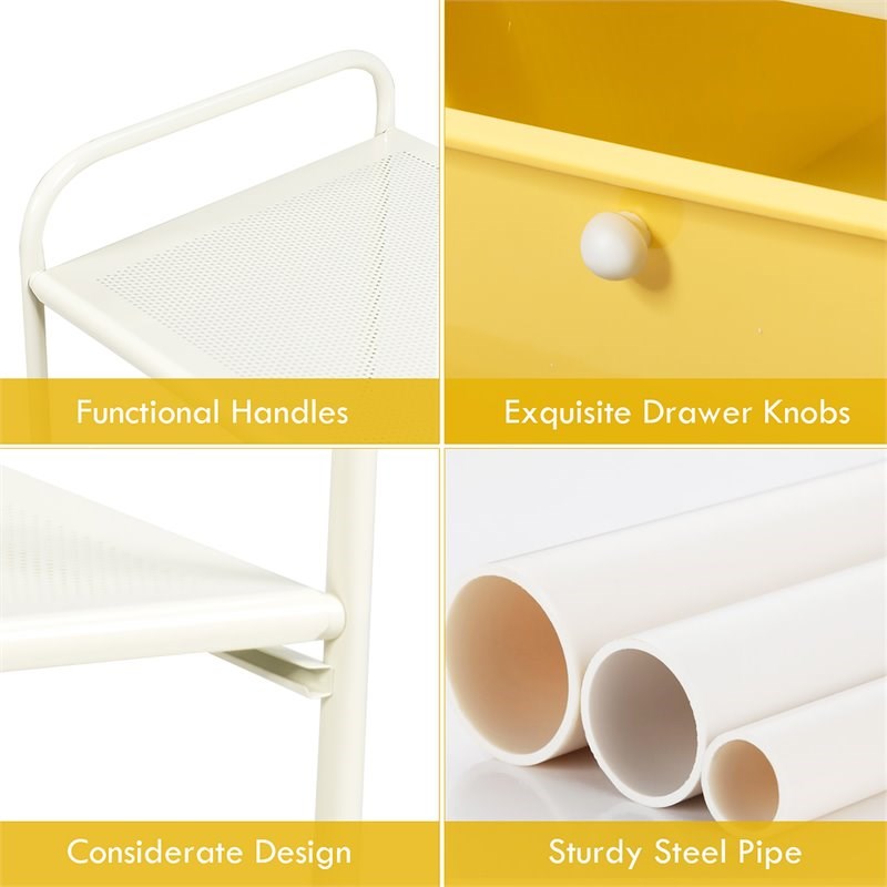 Pemberly Row 4-drawer Steel Rolling Storage Cart with 2 Shelves in Yellow & Gray