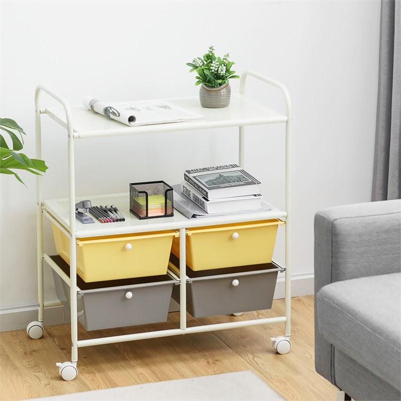 Pemberly Row 4-drawer Steel Rolling Storage Cart with 2 Shelves in Yellow & Gray