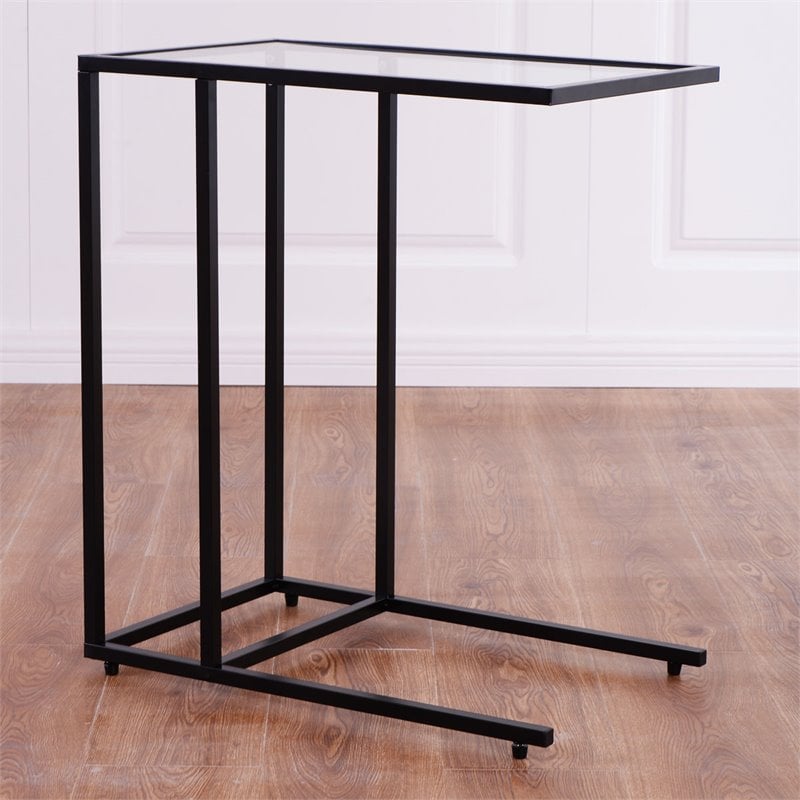 Pemberly Row Steel Coffee Tray Side Sofa End Table with Glass Top in Black
