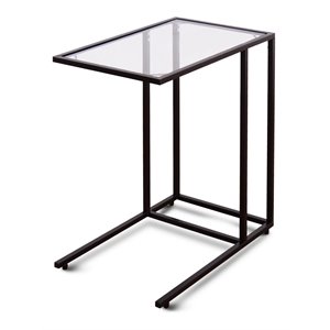 Pemberly Row Steel Coffee Tray Side Sofa End Table with Glass Top in Black