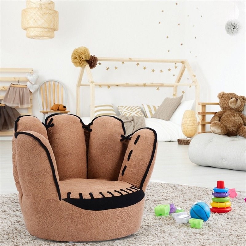 Pemberly Row Baseball Glove Shaped Faux Leather Kids Armrest Chairs in Brown