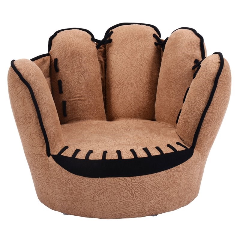 Pemberly Row Baseball Glove Shaped Faux Leather Kids Armrest Chairs in Brown
