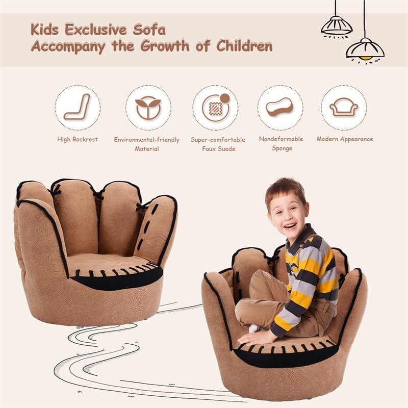 Pemberly Row Baseball Glove Shaped Faux Leather Kids Armrest Chairs in Brown