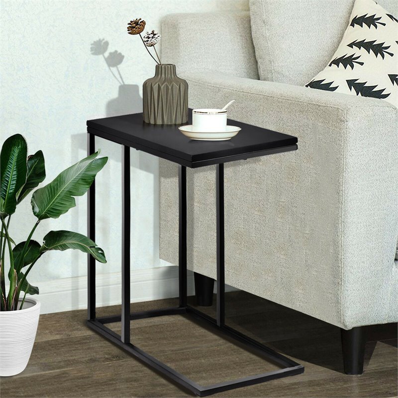 Pemberly Row C-shaped Coffee Tray Side Sofa End Table w/ Glass Top in Black