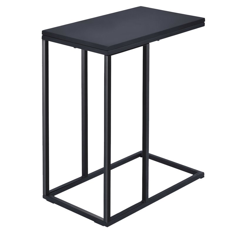 Pemberly Row C-shaped Coffee Tray Side Sofa End Table w/ Glass Top in Black
