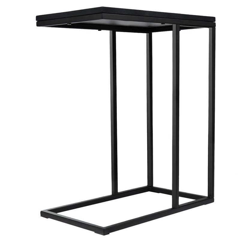 Pemberly Row C-shaped Coffee Tray Side Sofa End Table w/ Glass Top in Black