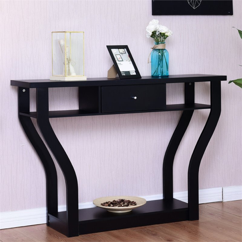 Pemberly Row Contemporary Wood Accent Console Table with Drawer in Black