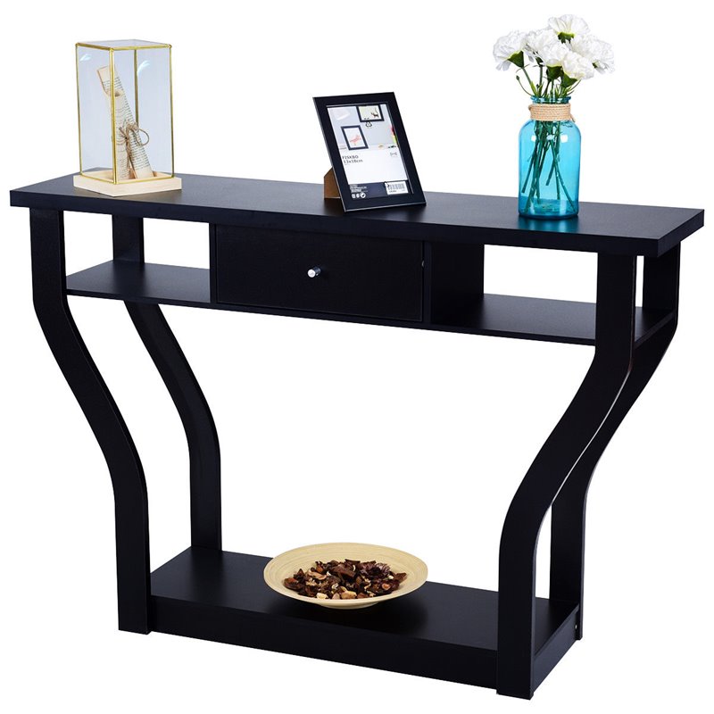 Pemberly Row Contemporary Wood Accent Console Table with Drawer in Black
