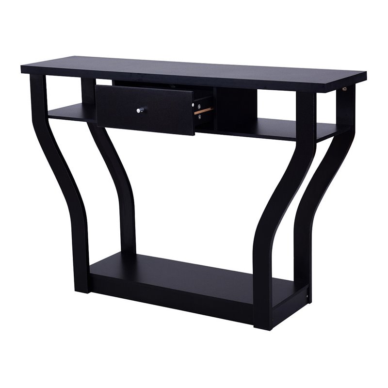 Pemberly Row Contemporary Wood Accent Console Table with Drawer in Black