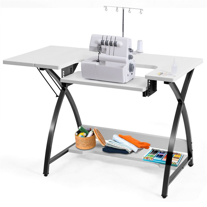 Pemberly Row MDF and PVC Folding Sewing Table with Adjustable Platform in White