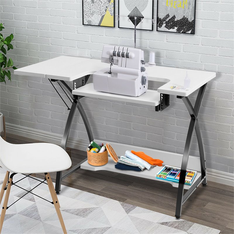 Pemberly Row MDF and PVC Folding Sewing Table with Adjustable Platform in White