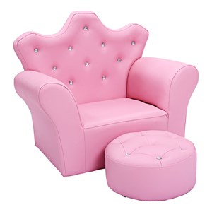 Pemberly Row Contemporary Polyurethane Kids Sofa with Ottoman in Pink