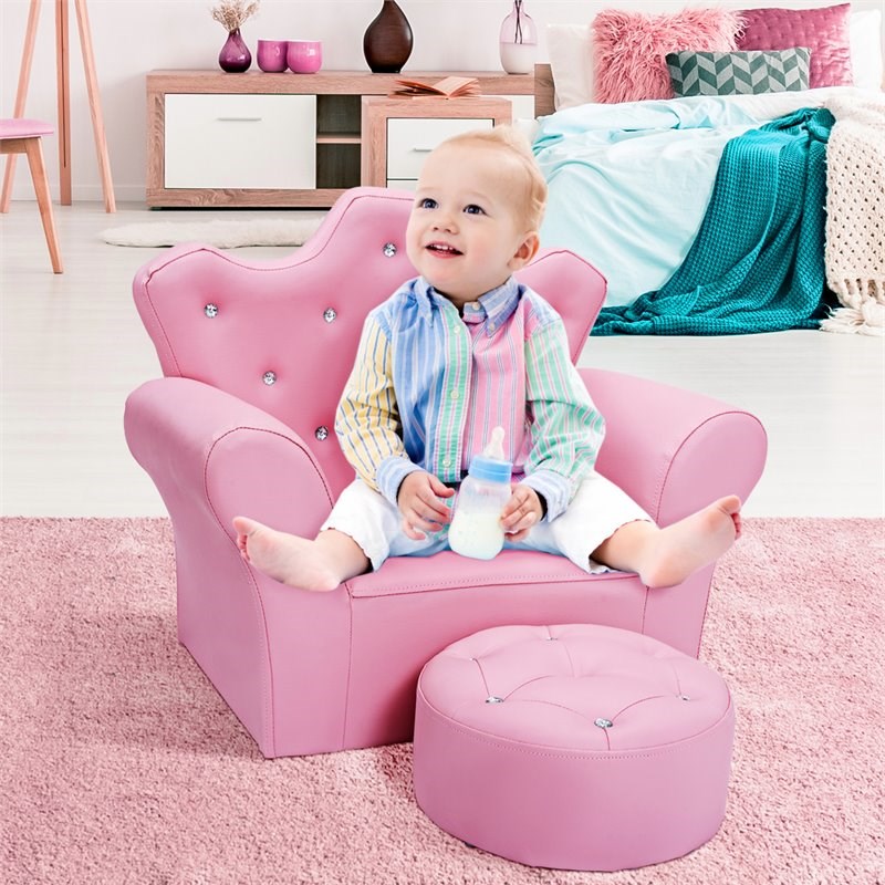 Pemberly Row Contemporary Polyurethane Kids Sofa with Ottoman in Pink