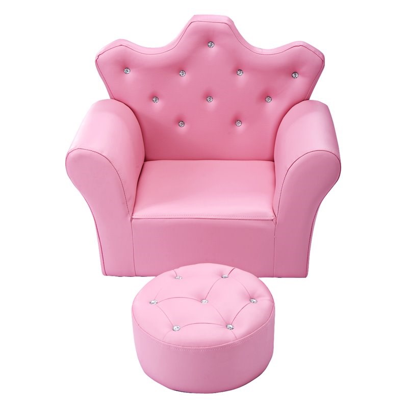Pemberly Row Contemporary Polyurethane Kids Sofa with Ottoman in Pink