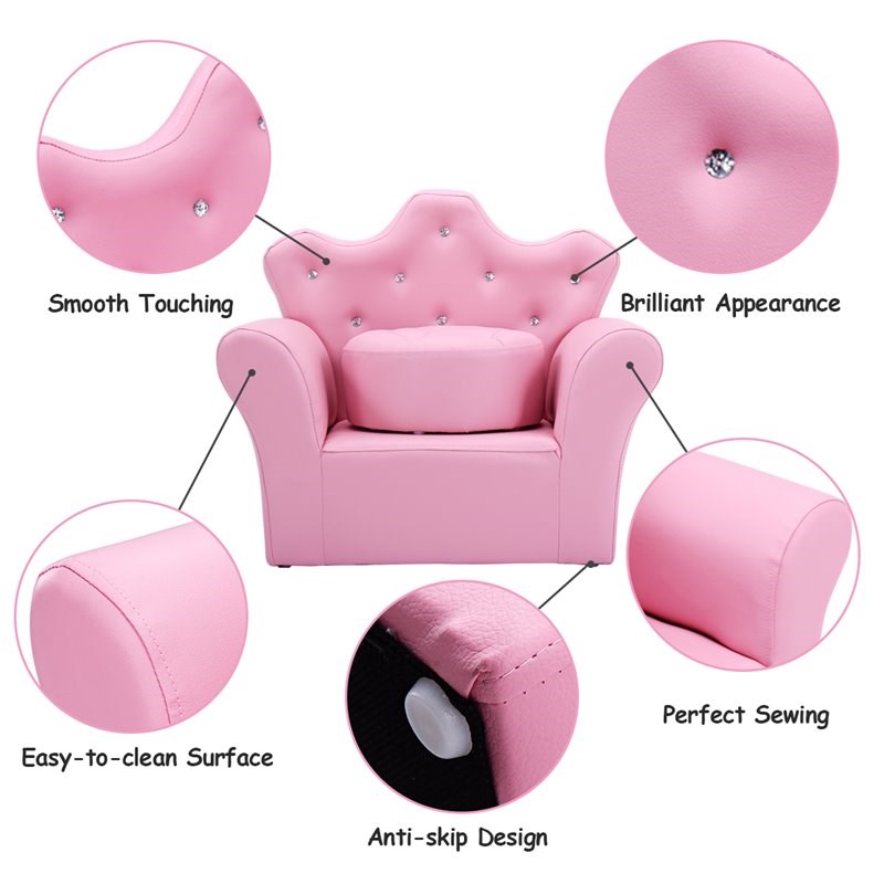Pemberly Row Contemporary Polyurethane Kids Sofa with Ottoman in Pink