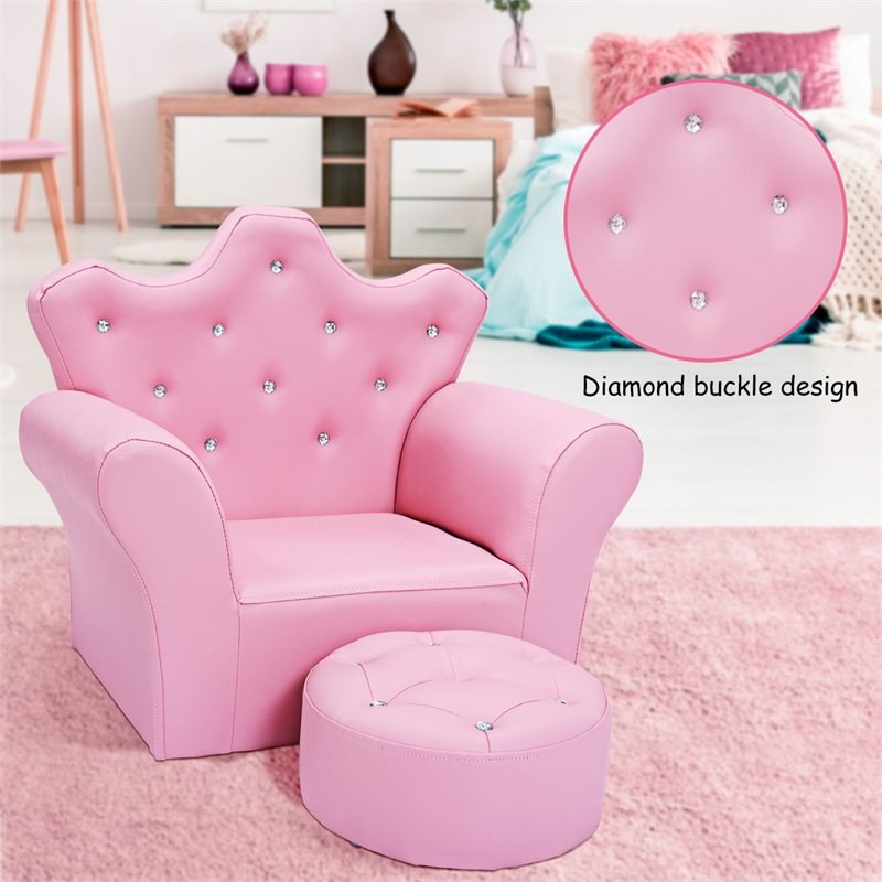 Pemberly Row Contemporary Polyurethane Kids Sofa with Ottoman in Pink