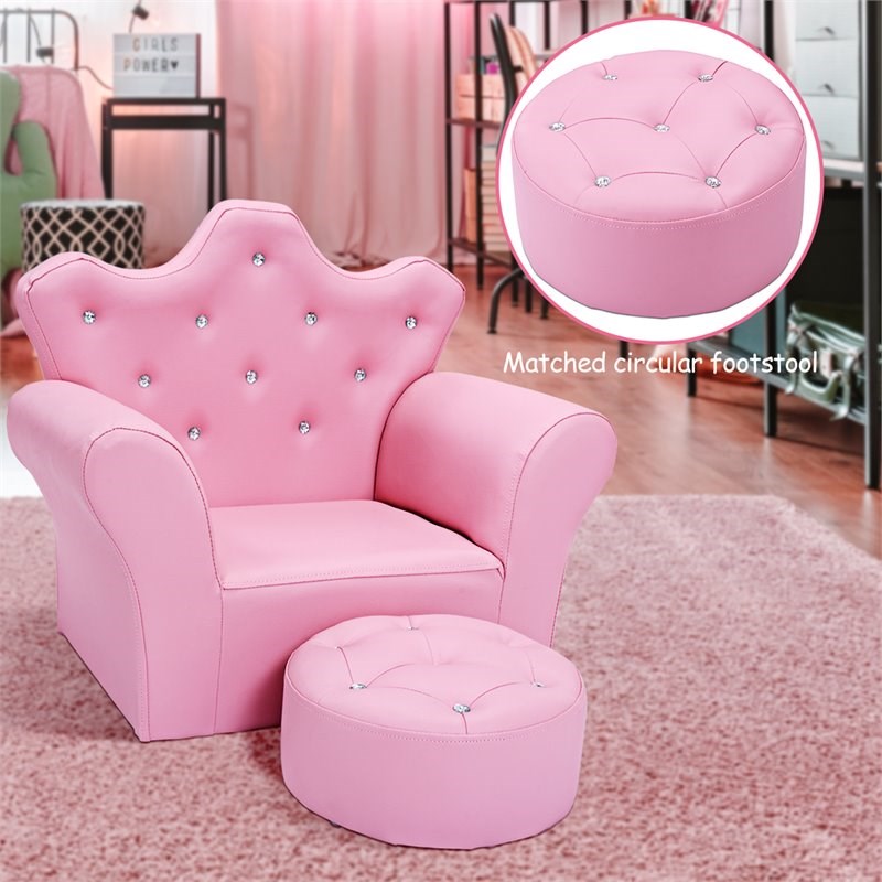 Pemberly Row Contemporary Polyurethane Kids Sofa with Ottoman in Pink