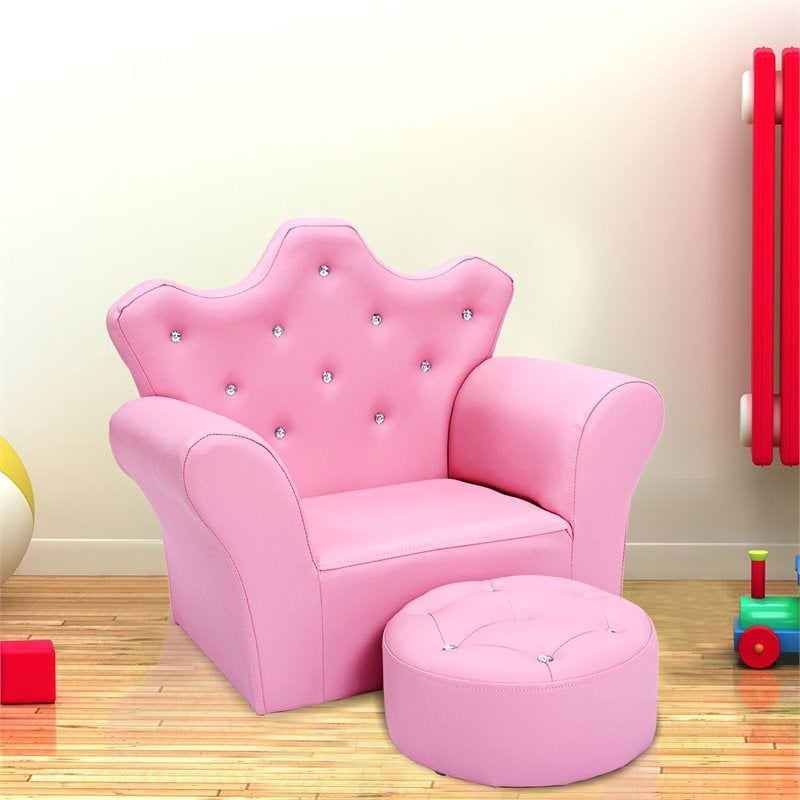 Pemberly Row Contemporary Polyurethane Kids Sofa with Ottoman in Pink