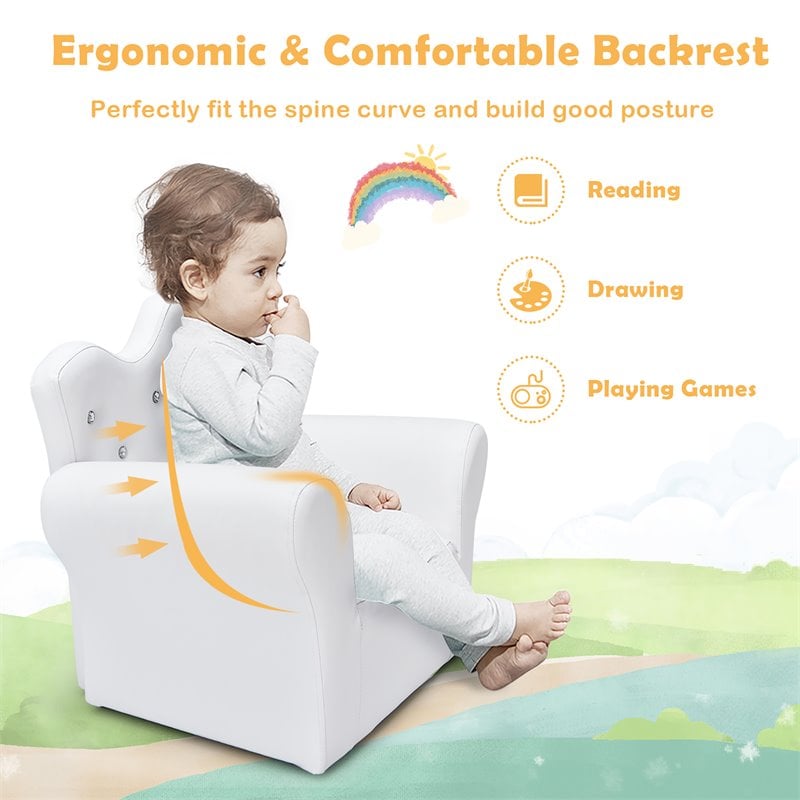 Pemberly Row Polyurethane and Wood Kids Princess Sofa with Ottoman in White
