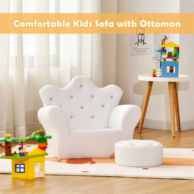 Pemberly Row Polyurethane and Wood Kids Princess Sofa with Ottoman in White