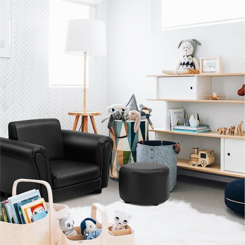 Pemberly Row Contemporary Polyurethane Kids Sofa with Ottoman in Black