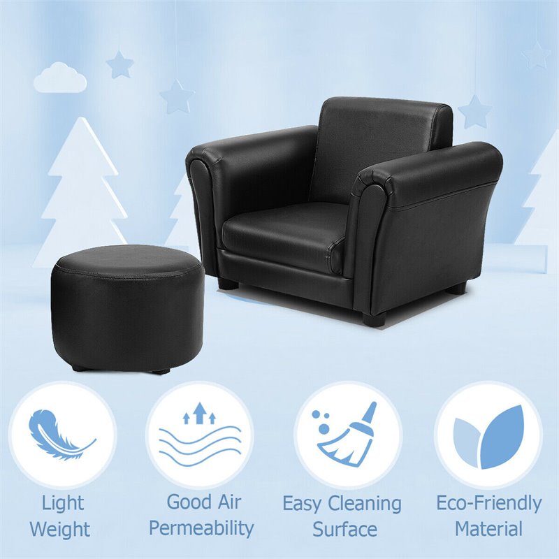 Pemberly Row Contemporary Polyurethane Kids Sofa with Ottoman in Black