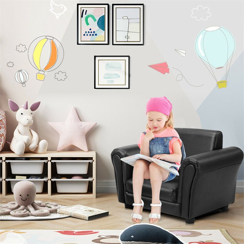 Pemberly Row Contemporary Polyurethane Kids Sofa with Ottoman in Black Finish