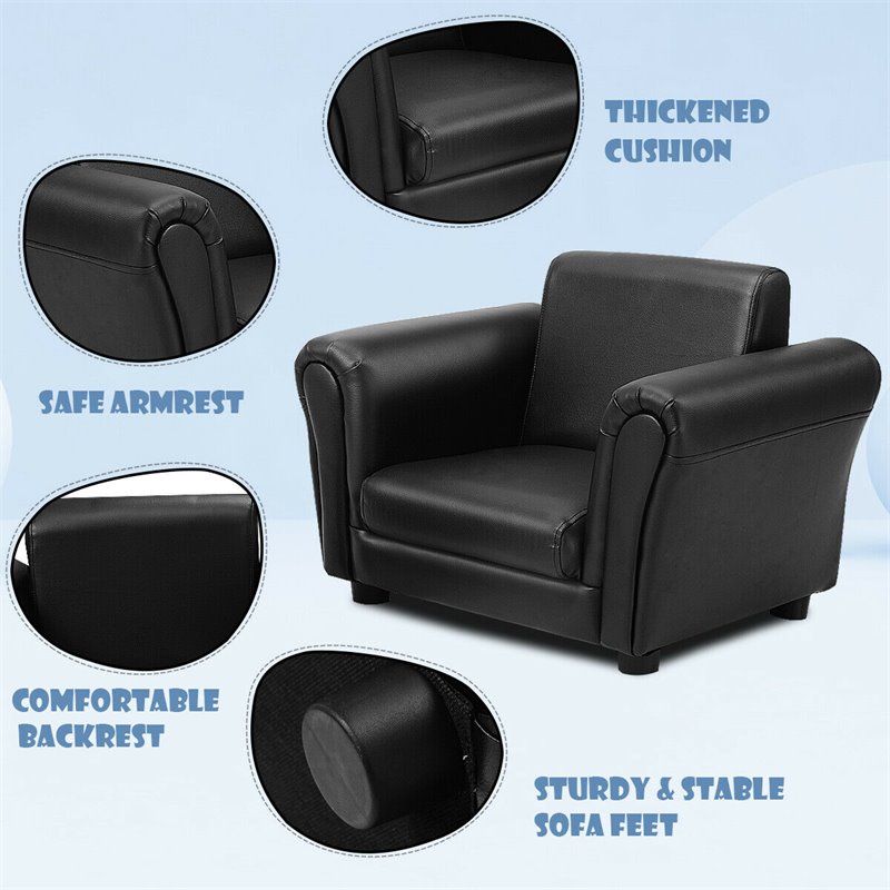 Pemberly Row Contemporary Polyurethane Kids Sofa with Ottoman in Black Finish