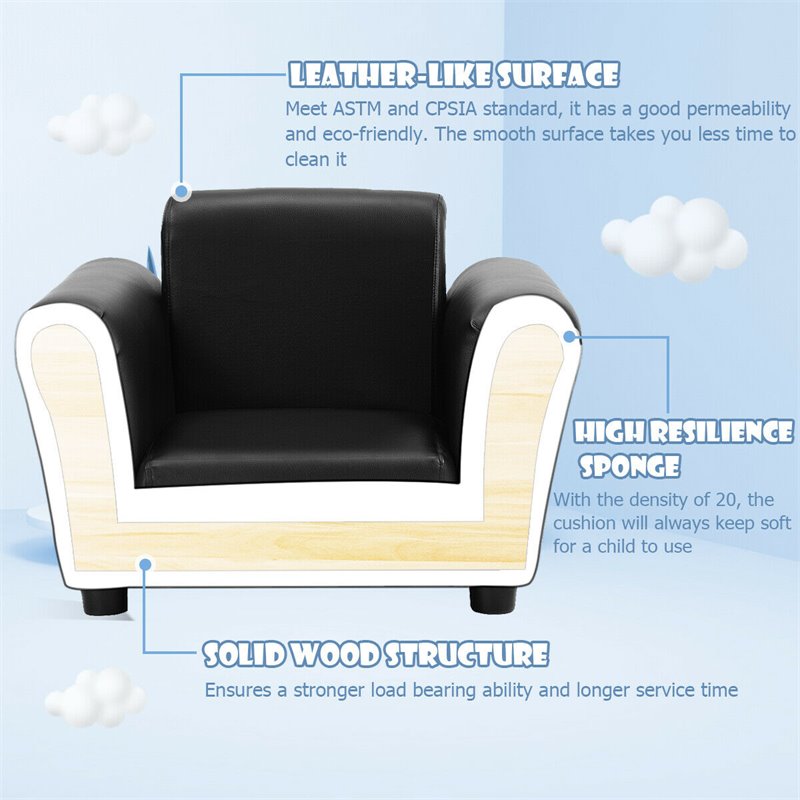 Pemberly Row Contemporary Polyurethane Kids Sofa with Ottoman in Black Finish