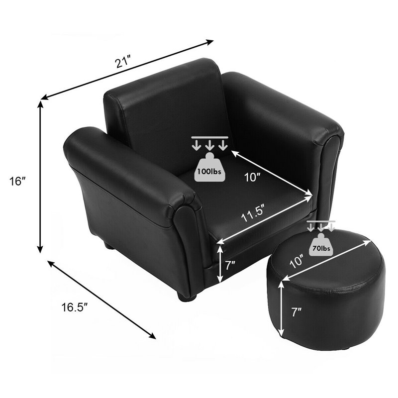 Pemberly Row Contemporary Polyurethane Kids Sofa with Ottoman in Black Finish