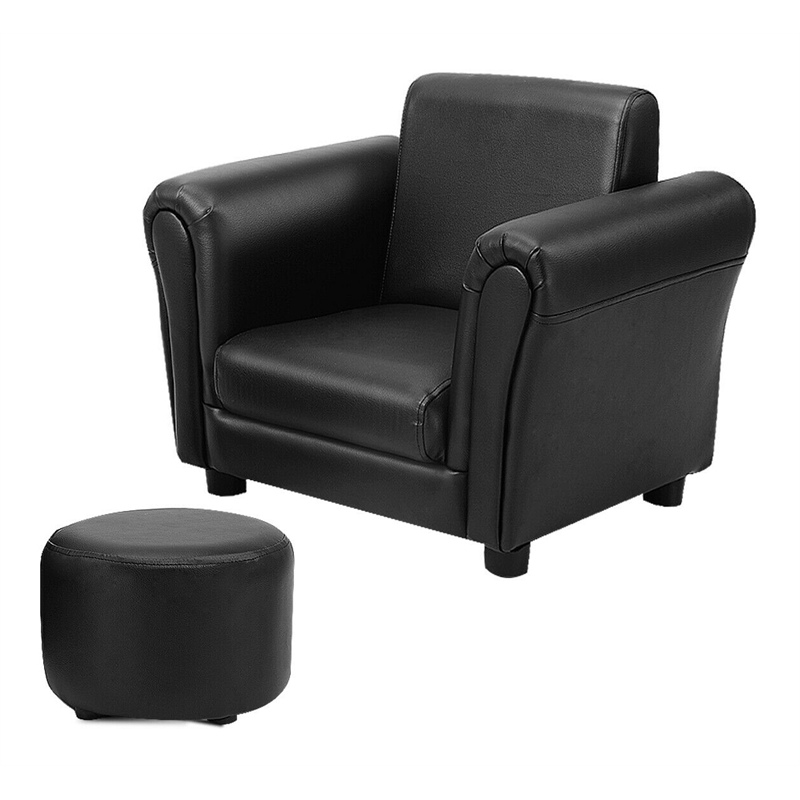 Pemberly Row Contemporary Polyurethane Kids Sofa with Ottoman in Black Finish