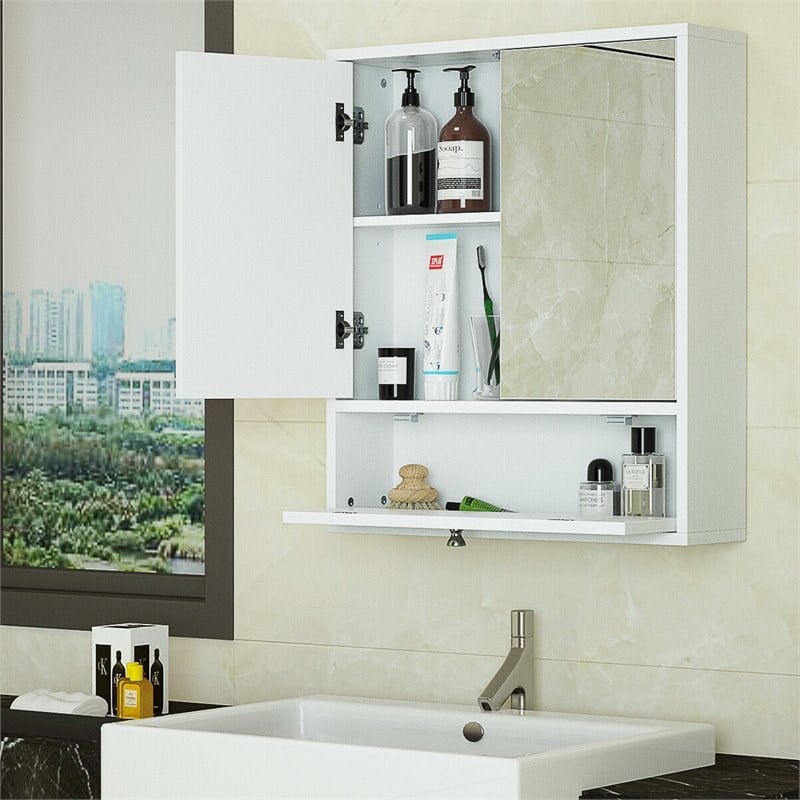 Pemberly Row Wood Wall Mount Bathroom Cabinet with 2 Mirrors in White