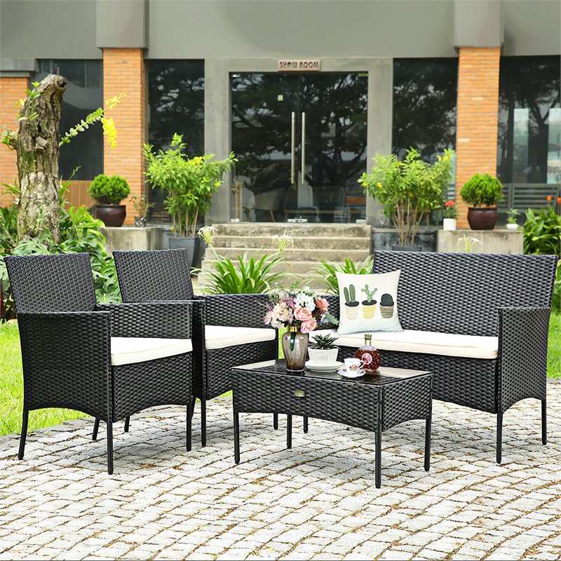 Pemberly Row 4-piece Contemporary Rattan Patio Furniture Set in Gray