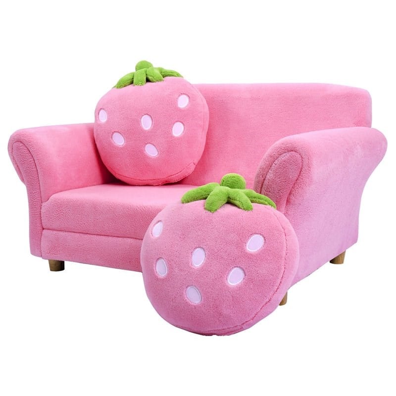 Pemberly Row Polyurethane Strawberry Kids Armrest Sofa with 2 Pillows in Pink