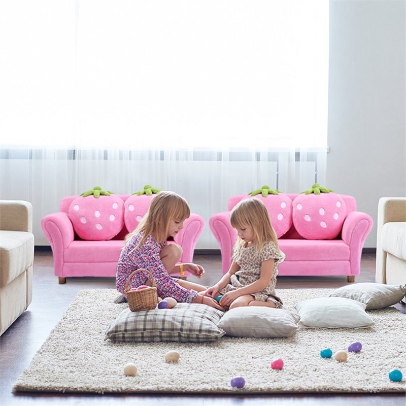 Pemberly Row Polyurethane Strawberry Kids Armrest Sofa with 2 Pillows in Pink