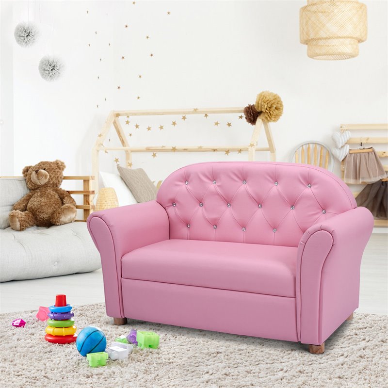 Pemberly Row Contemporary Polyurethane Princess Kids Armrest Sofa in Pink