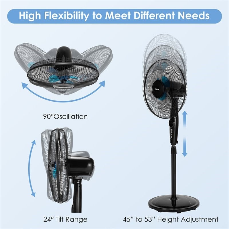 Pemberly Row 16'' Plastic and Iron Adjustable Oscillating Pedestal Fan in Black