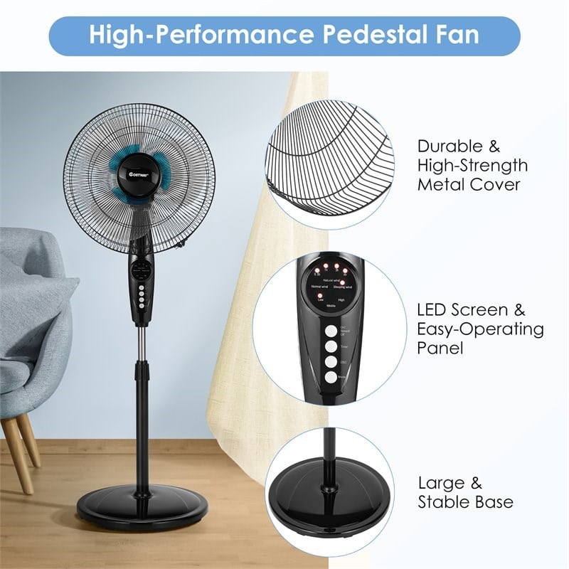 Pemberly Row 16'' Plastic and Iron Adjustable Oscillating Pedestal Fan in Black