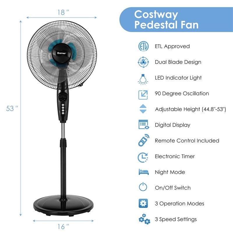Pemberly Row 16'' Plastic and Iron Adjustable Oscillating Pedestal Fan in Black