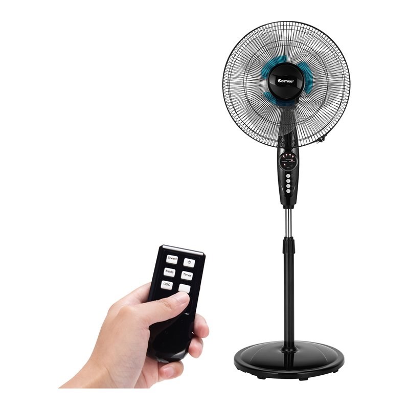 Pemberly Row 16'' Plastic and Iron Adjustable Oscillating Pedestal Fan in Black