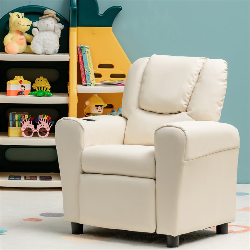 Pemberly Row PU Leather Kids Recliner with Footrest Cup Holder in Beige