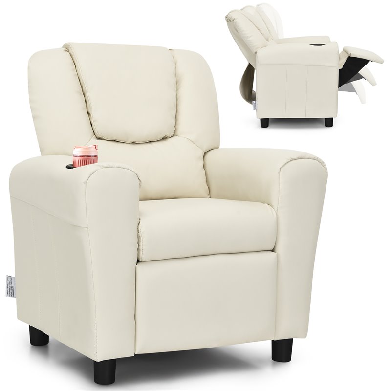 Pemberly Row PU Leather Kids Recliner with Footrest Cup Holder in Beige