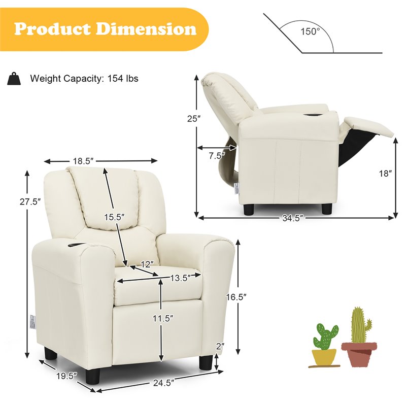 Pemberly Row PU Leather Kids Recliner with Footrest Cup Holder in Beige