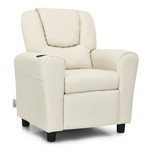 Pemberly Row PU Leather Kids Recliner with Footrest Cup Holder in Beige