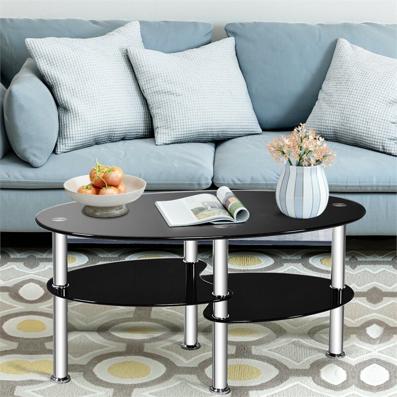 Pemberly Row Tempered Glass Coffee Table with 2 Bottom Shelves in Black